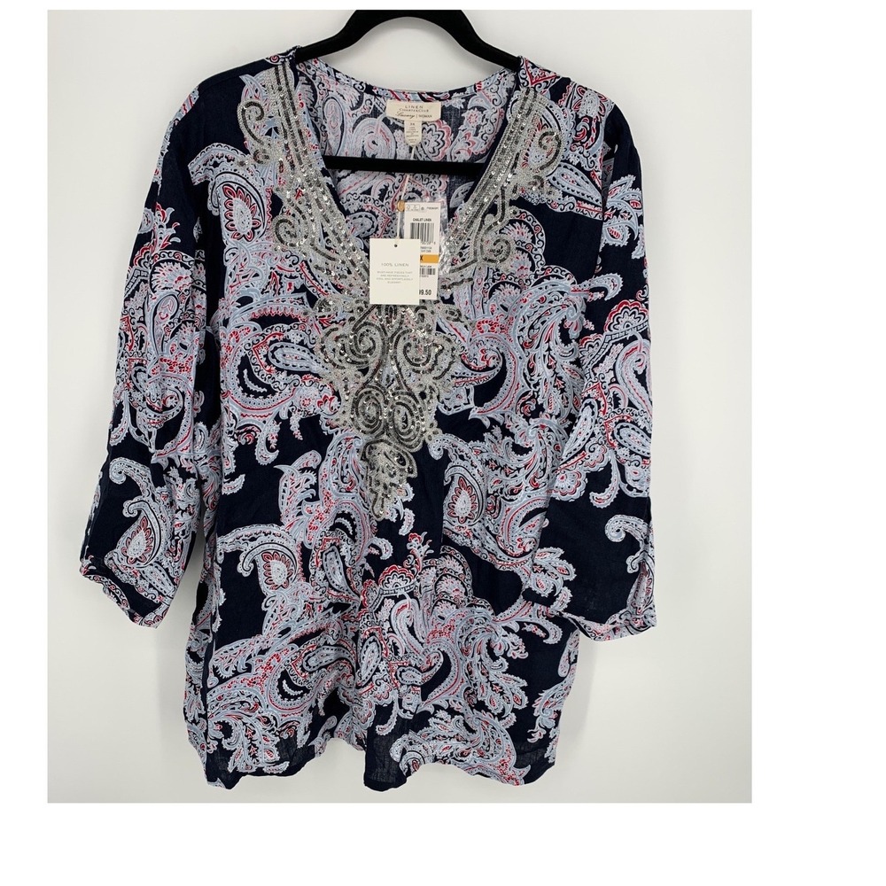 Charter Club Luxury Woman 3X 100% Linen Paisley Embellished Tunic NWT